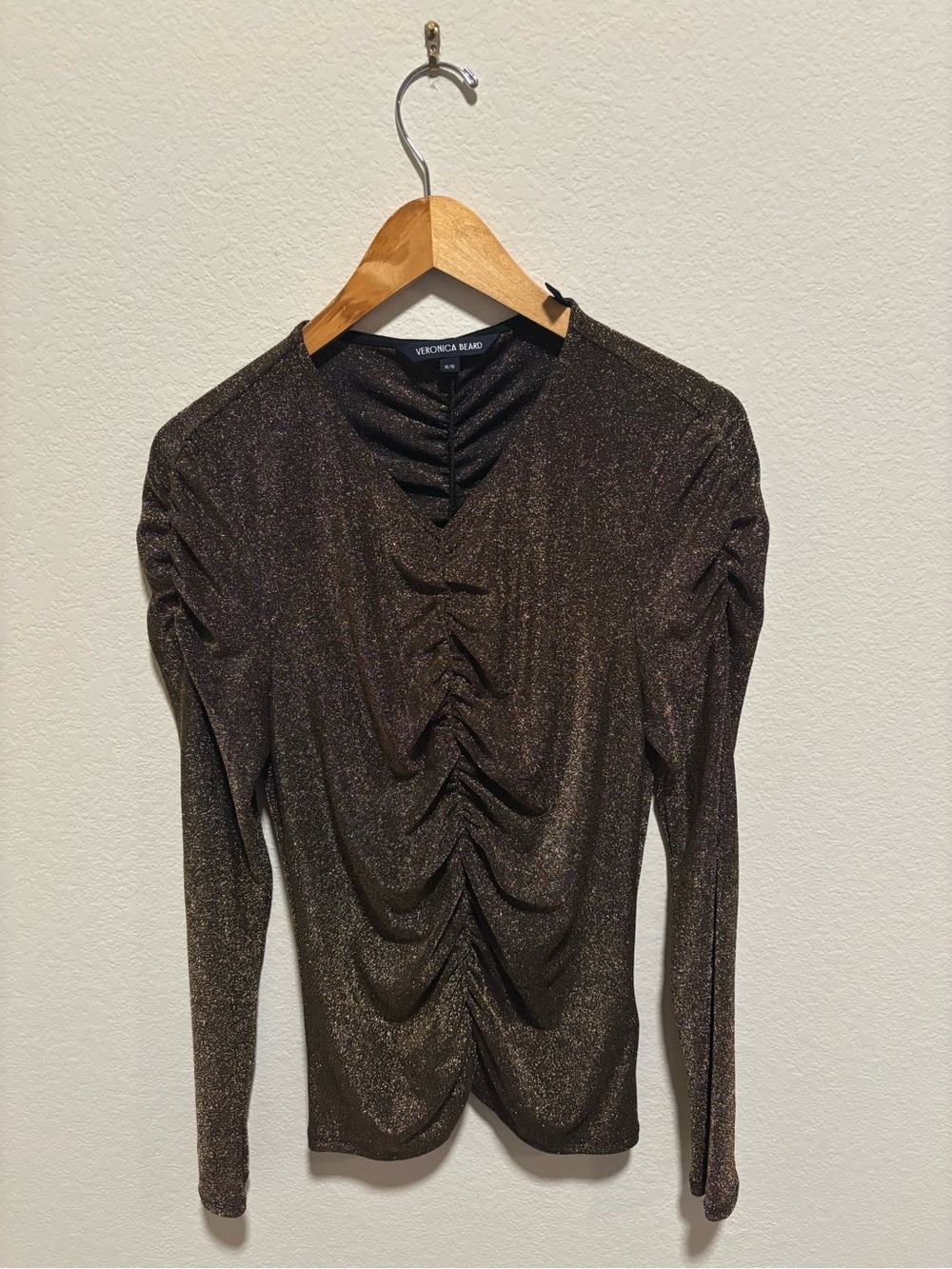 Veronica Beard Metallic Ruched Long-Sleeve Top Bronze gold Neeta